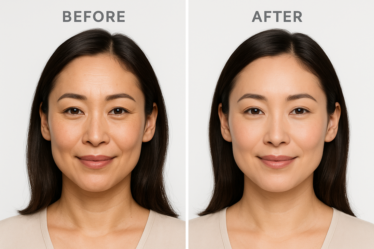 before and after photo of an asian woman after create a before and after photo of a woman after Syn-Ake peptide serum organic