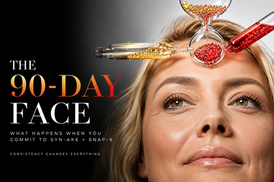 Alt: Close-up beauty portrait with a glass hourglass and gold and red serum ampoules representing a consistent 90-day Syn-Ake and SNAP-8 skincare routine.
