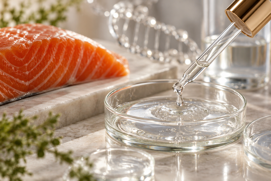 PDRN skincare ingredient explained: fresh salmon fillet beside a clear serum dropper and hydrating gel in a luxury skincare laboratory setting, illustrating salmon DNA-derived PDRN used in anti-aging facial serums.