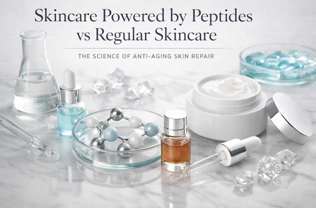 Peptide-powered skincare vs regular skincare showing peptide molecules, luxury serum bottles, and cream textures illustrating advanced anti-aging skin repair and collagen regeneration.