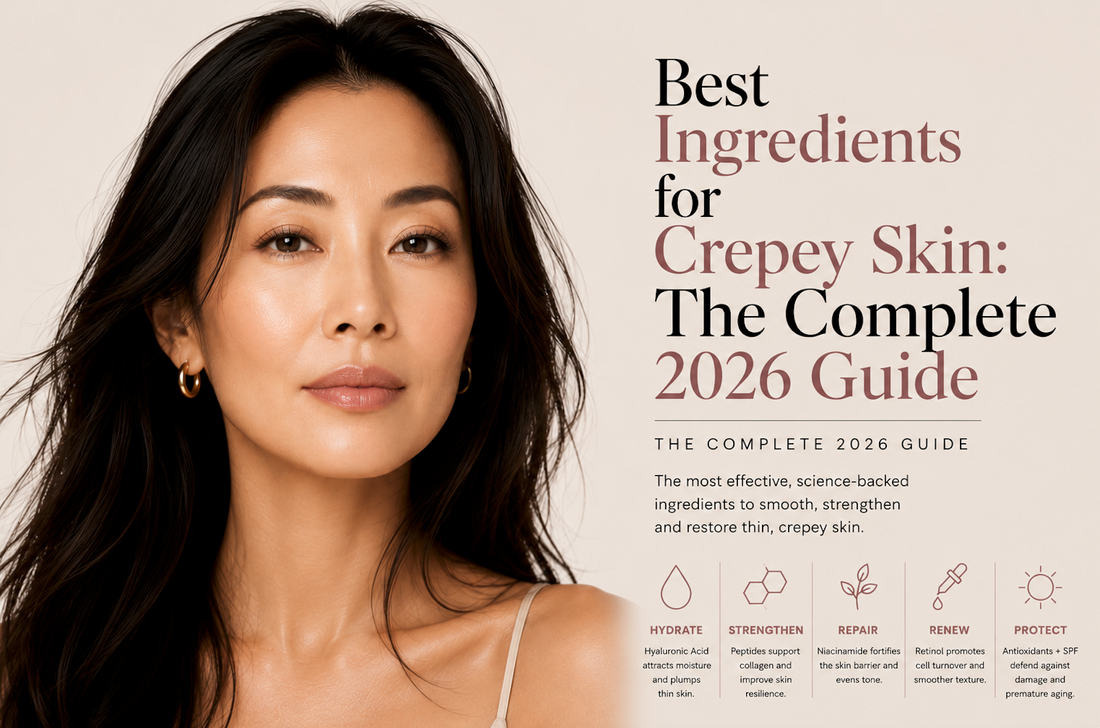The best ingredients for crepey skin in 2026 — what causes it, which ingredients rebuild collagen & elastin, and how to use them. GHK-Cu, DMAE, retinol, peptides & more. Shop I'm Fabulous Cosmetics organic serums. Vegan. Made in USA.