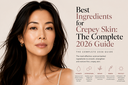 The best ingredients for crepey skin in 2026 — what causes it, which ingredients rebuild collagen & elastin, and how to use them. GHK-Cu, DMAE, retinol, peptides & more. Shop I'm Fabulous Cosmetics organic serums. Vegan. Made in USA.