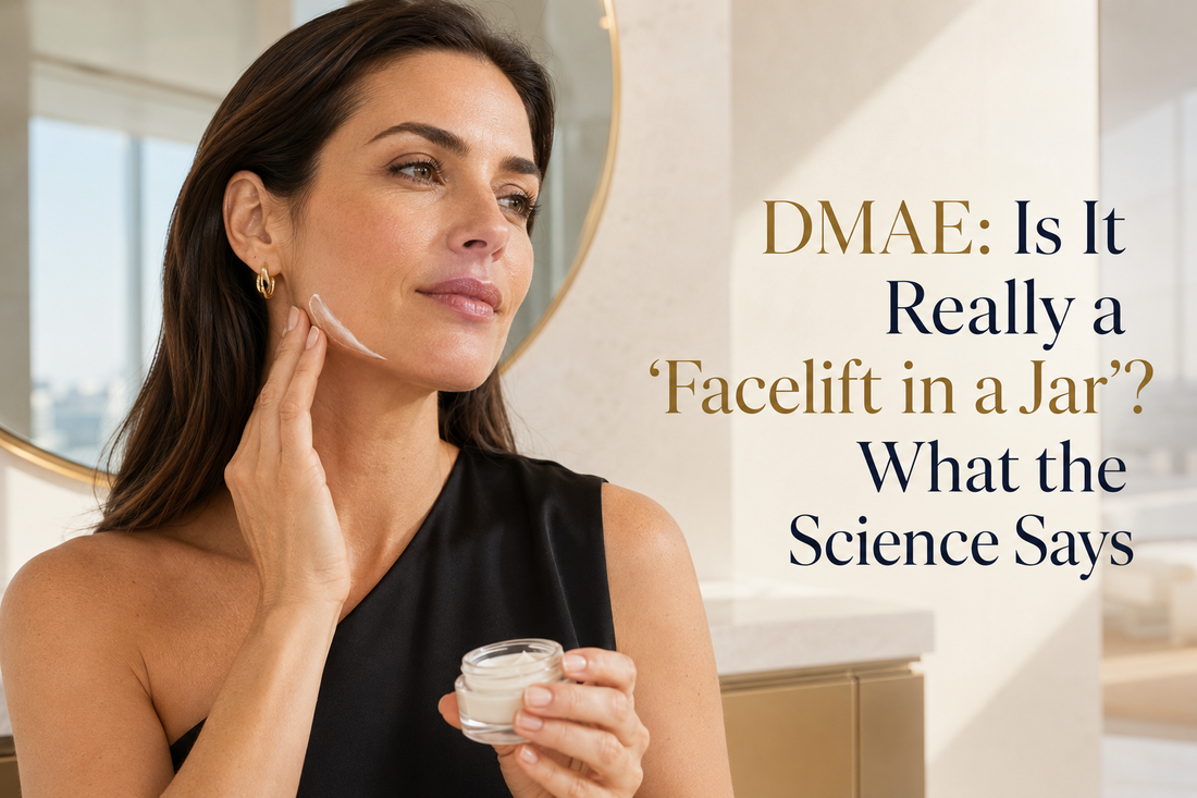 Brunette woman applying face cream to her jawline for an article examining DMAE and its skin-firming claims