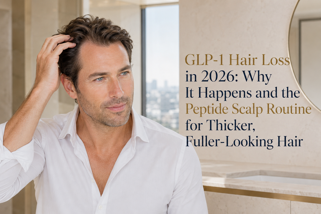 Blue-eyed man examining his hairline for an article about GLP-1 hair loss and a peptide scalp routine for thicker, fuller-looking hair.