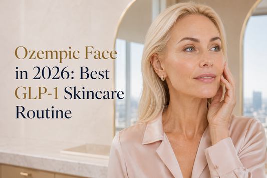 Blonde woman touching her cheek for an article about Ozempic face and the best GLP-1 skincare routine in 2026.