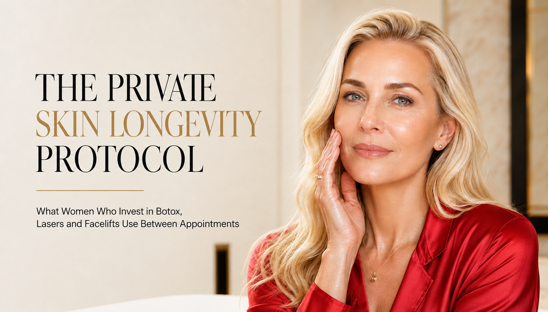 Mature blonde woman with glossy glowing skin and pink nails wearing a red silk blouse for a luxury skin longevity protocol.
