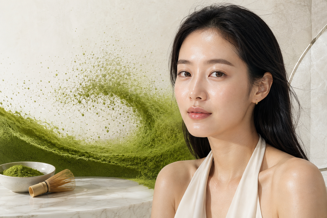 Korean beauty model with luminous glass skin posed in front of pure matcha powder, a ceramic matcha bowl and a bamboo whisk.
