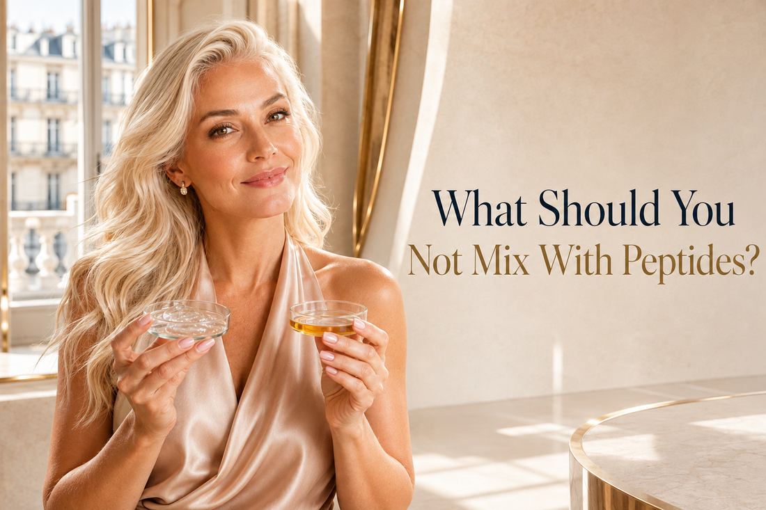 Blonde woman comparing two skincare formulas for an article explaining what ingredients should not be mixed with peptides.