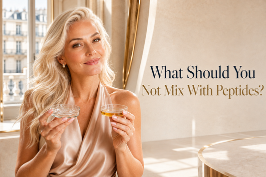 Blonde woman comparing two skincare formulas for an article explaining what ingredients should not be mixed with peptides.