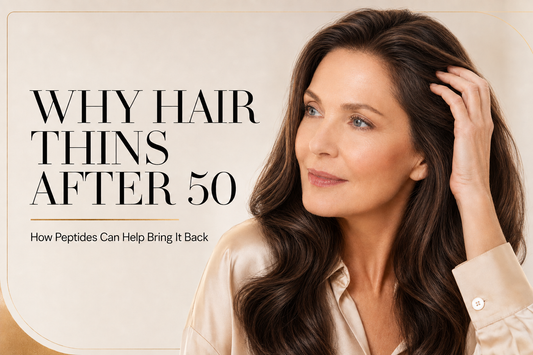 Luxury editorial portrait of a mature blonde woman illustrating why hair thins after 50 and how peptides may support fuller-looking hair.