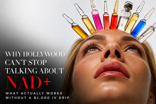 Close-up beauty portrait with colorful glass ampoules for an article about Hollywood’s NAD+ trend and alternatives to expensive IV drips.