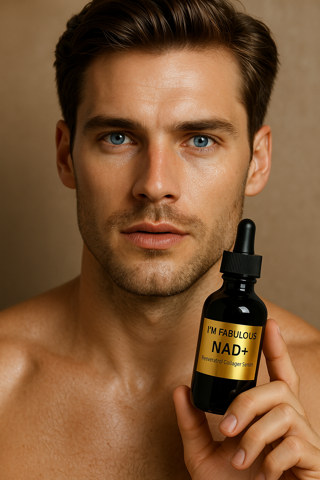 Man applying I'M FABULOUS COSMETICS® NAD+ peptide serum — luxury anti-aging skincare for men