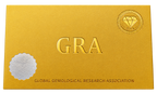 A square gold-colored box or card featuring the large embossed letters 'GRA' in the center, a circular diamond emblem in the top right, a scalloped silver seal in the bottom left, and the text 'GLOBAL GEMOLOGICAL RESEARCH ASSOCIATION' along the bottom edge.