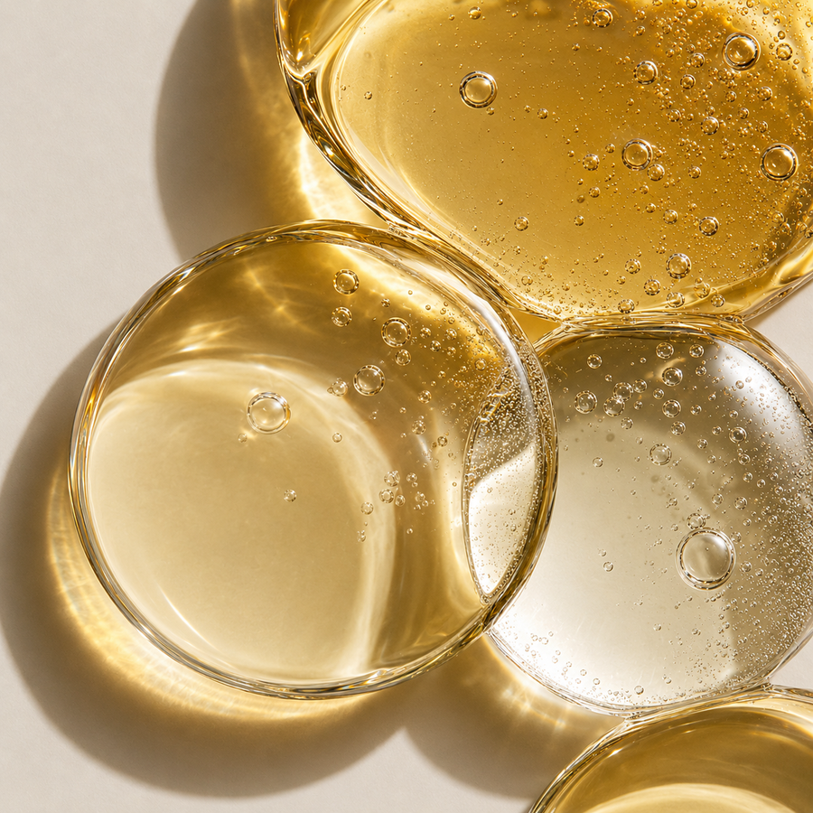 Golden peptide serum texture, showing the lightweight feel of a copper peptide and PDRN routine