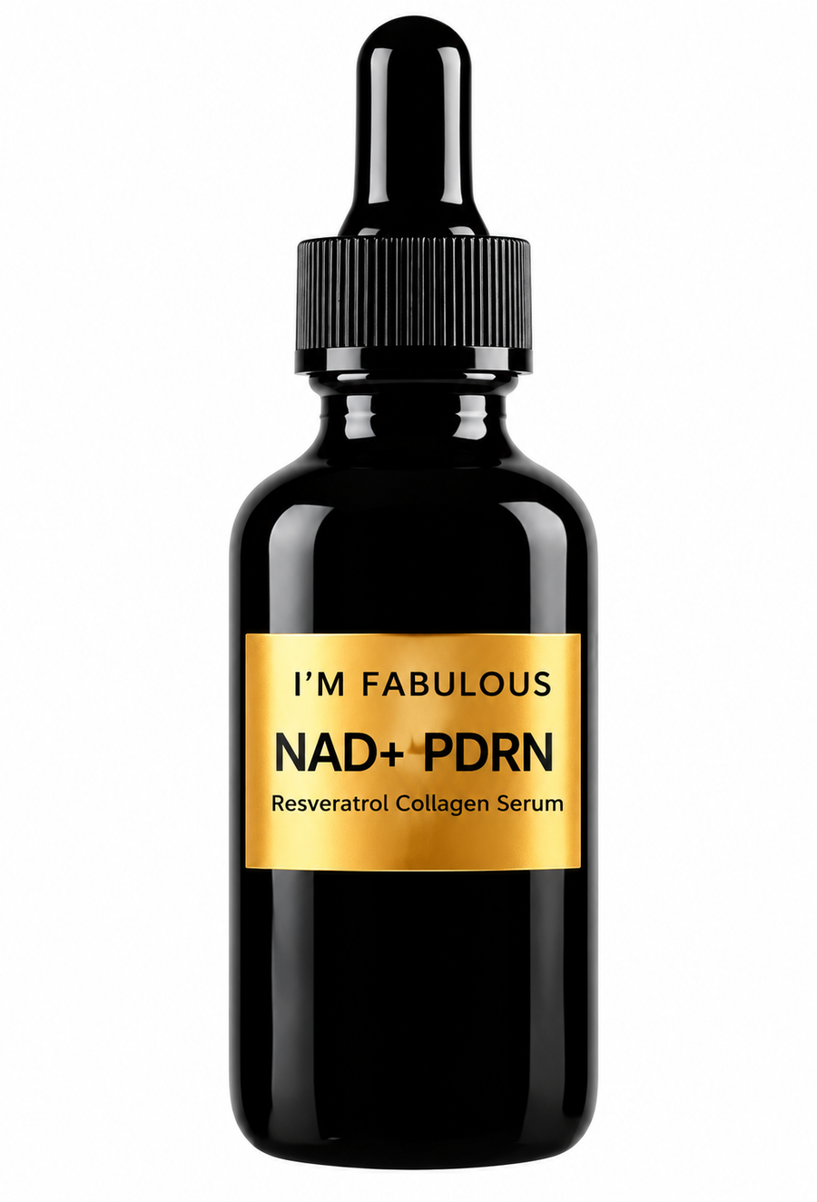 I'M FABULOUS COSMETICS NAD+ PDRN Resveratrol Collagen Serum in a black glass dropper bottle, a PDRN serum