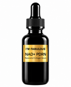 I’M FABULOUS COSMETICS NAD+ PDRN Resveratrol Collagen Serum in a glossy black 30 mL dropper bottle with a metallic gold label, luxury anti-aging facial skincare for hydration, smoother-looking skin and improved radiance.