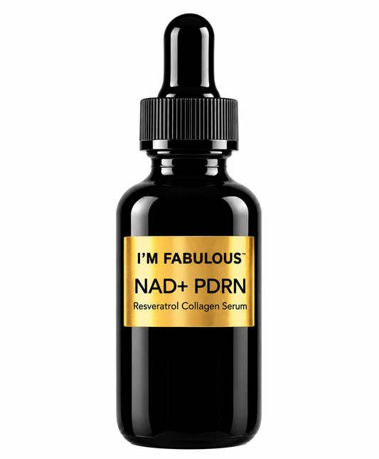 I’M FABULOUS COSMETICS NAD+ PDRN Resveratrol Collagen Serum in a glossy black 30 mL dropper bottle with a metallic gold label, luxury anti-aging facial skincare for hydration, smoother-looking skin and improved radiance.