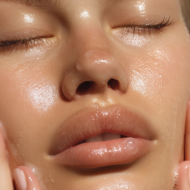 Close-up of a smooth, dewy-looking complexion, the radiant finish of a PDRN and NAD+ serum