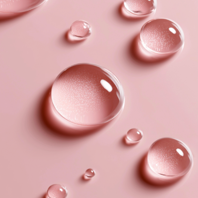 Droplets of NAD+ PDRN Resveratrol Collagen Serum on a pink background, a PDRN serum for sensitive and tired skin
