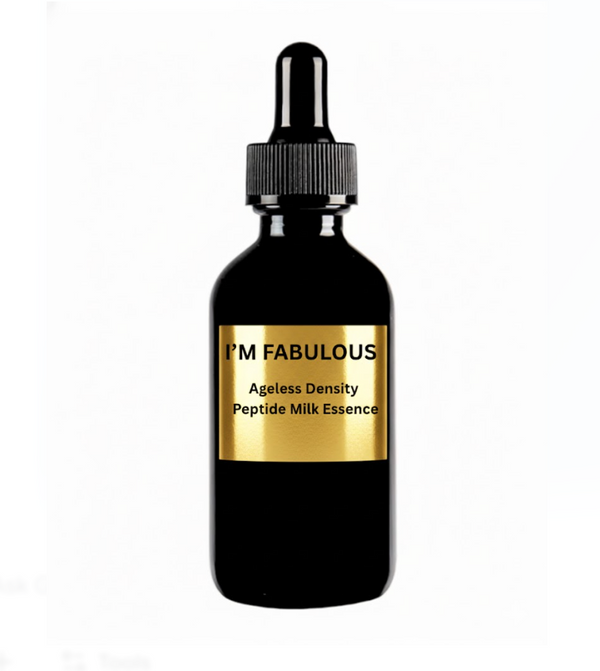 I'M FABULOUS Ageless Density Peptide Milk Essence in a black glass dropper bottle with a gold label