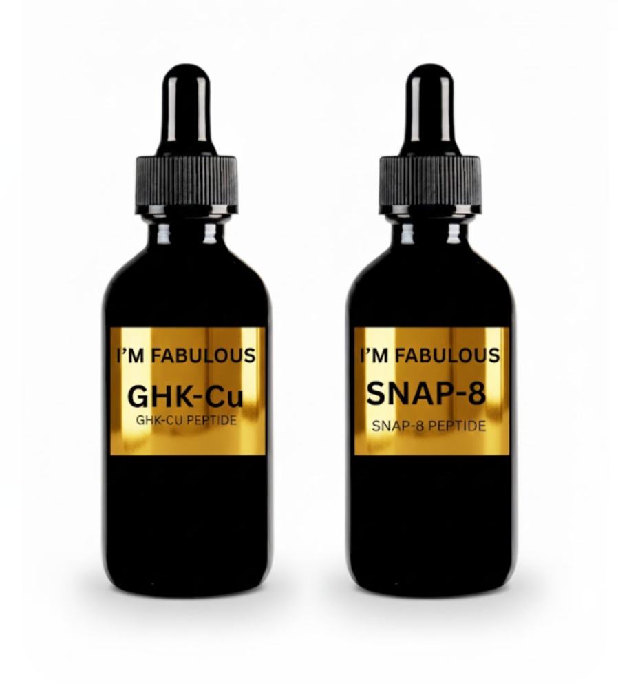 Two black dropper bottles with gold labels on a white background Snap-8 + GHK-cu duo