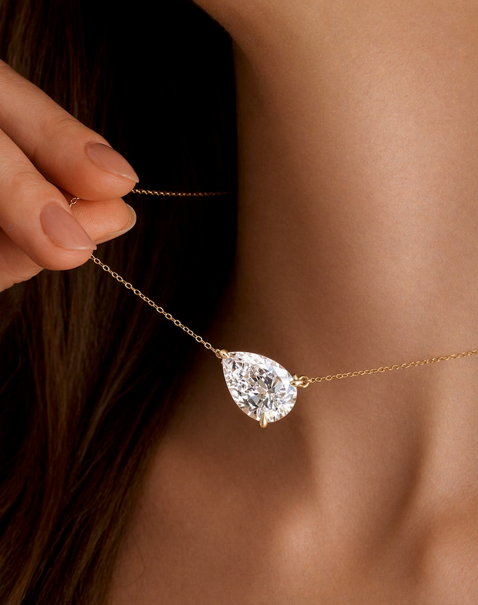 Gold 3CT Pear Cut Moissanite Pendant Necklace VVS1 925 Silver