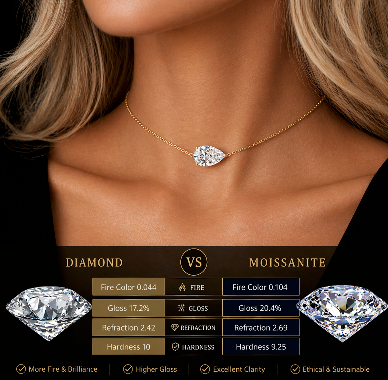 Gold 3CT Pear Cut Moissanite Pendant Necklace VVS1 925 Silver