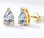A pair of pear-cut diamond stud earrings in yellow gold settings, with one earring facing forward and the other angled to show the post and backing. The backing is engraved with 'S925'.