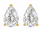 A pair of pear-cut diamond stud earrings in yellow gold settings, shown on a plain white background.
