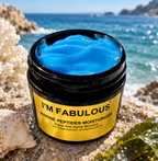 I’M FABULOUS Marine Peptides Moisturizer with blue peptide cream, photographed by the ocean for luxury anti-aging skincare.