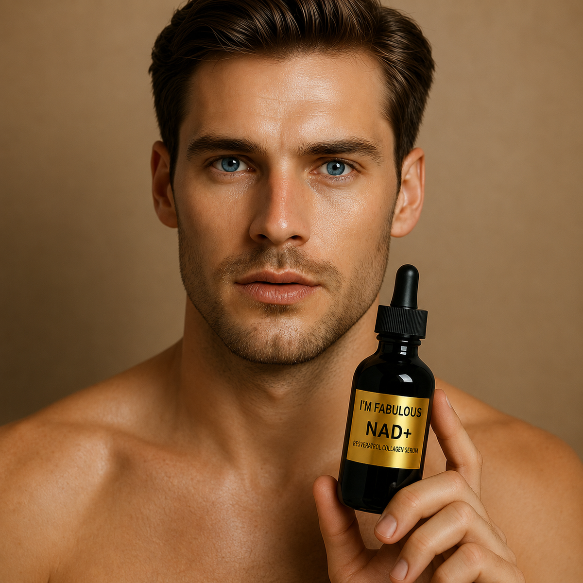 Man holding I'M FABULOUS COSMETICS NAD+ Resveratrol Collagen Serum, luxury anti-aging skincare for men