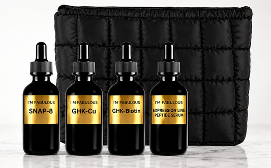 I’M FABULOUS Cosmetics peptide serum bundle with SNAP-8, GHK-Cu, GHK-Biotin and Expression Line Peptide Serum in luxury black and gold packaging.